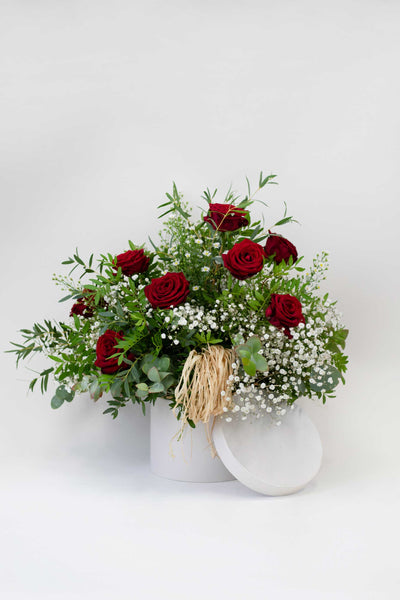 Weiße Pralinenschachtel mit roten Rosen IMMER ROT